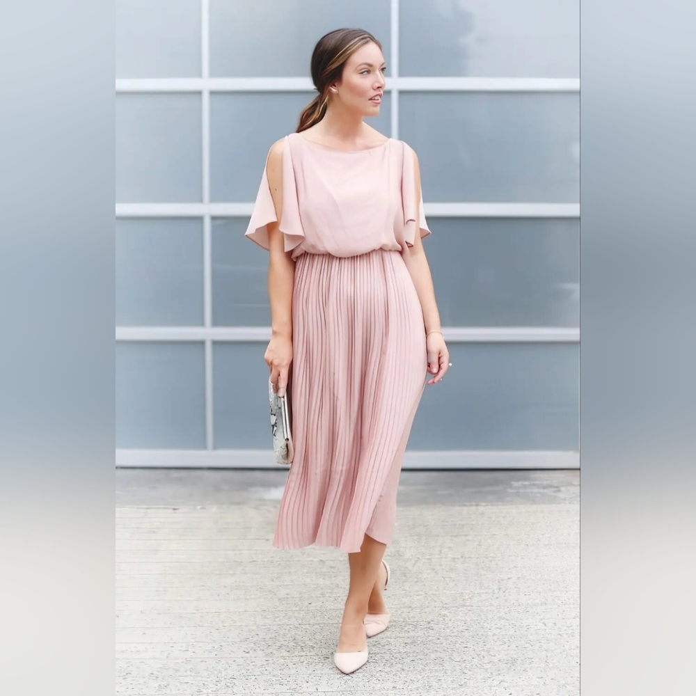 H&M Light Pink Pleated Midi Dress Wedding Guest Size 8 Medium